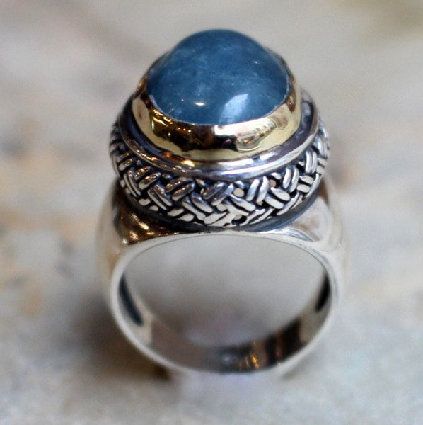 Silver gold ring, milky aquamarine ring, gypsy ring, tibetan ring, unique ring for her, mixed metals ring, braided - Love me tomorrow R2055G