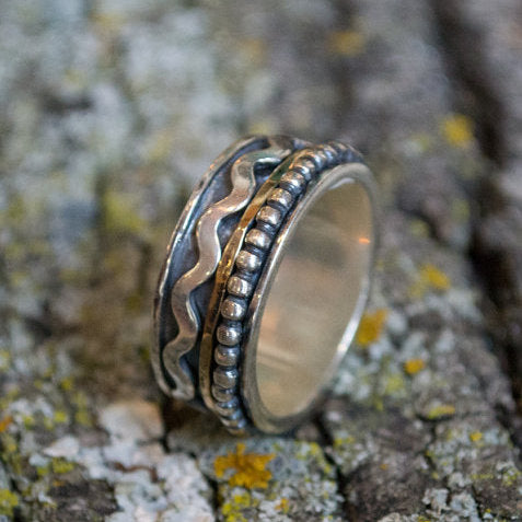 Gold silver ring, Spinner ring, two toned ring, wave ring, sterling silver band, meditation band, unisex band, wedding band - Waves R2081