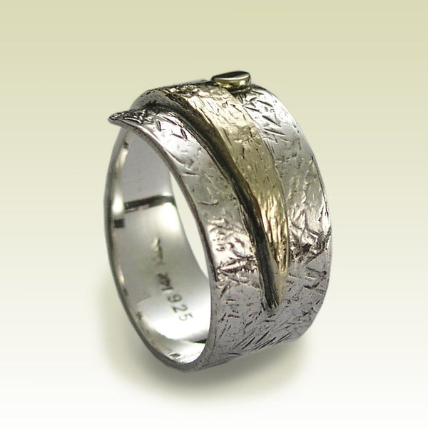 Mens silver gold band, Sterling silver Band, two toned ring, rustic ring, wide silver band, oxidised silver wide band - Imagine icon R1659