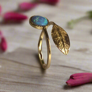 Opal ring, Thin ring, leaf ring, Golden brass ring, adjustable ring, gemstone ring, stack ring, delicate ring - Gone with the wind RK2062-1