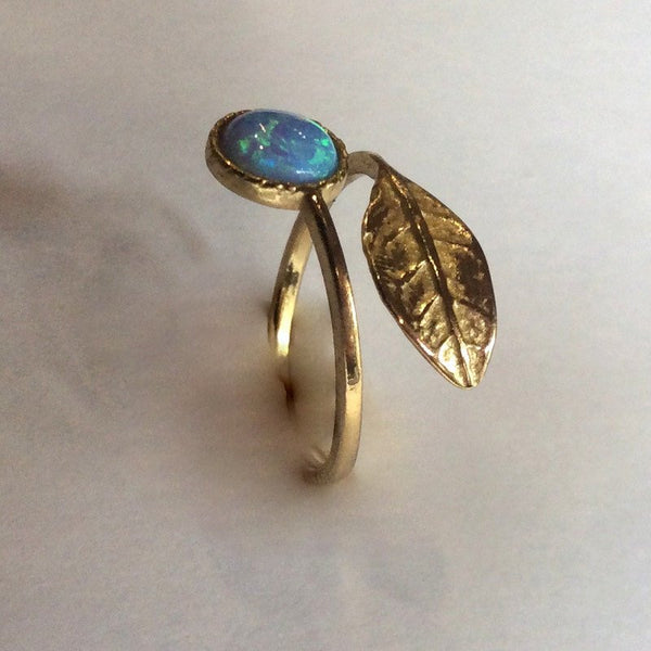Opal ring, Thin ring, leaf ring, Golden brass ring, adjustable ring, gemstone ring, stack ring, delicate ring - Gone with the wind RK2062-1