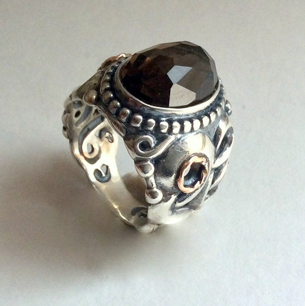 Sterling Silver ring, smoky quartz ring, ornate ring, bohemian ring, statement ring, unique engagement ring, two tone ring - Heartland R2211