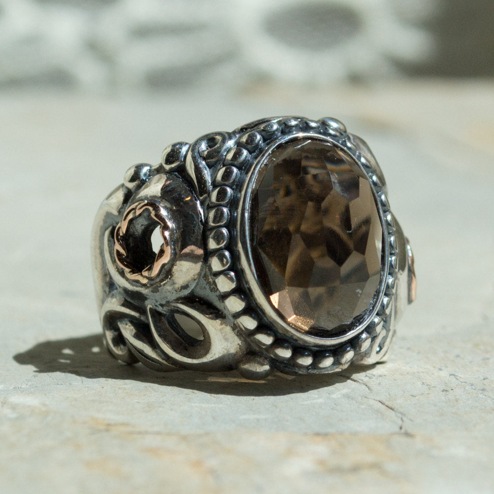 Sterling Silver ring, smoky quartz ring, ornate ring, bohemian ring, statement ring, unique engagement ring, two tone ring - Heartland R2211