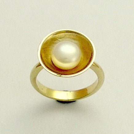 Solid gold engagement ring, fresh water pearl ring, single pearl ring, alternative gold ring, wedding ring, gold bowl ring - Serenity RG1569