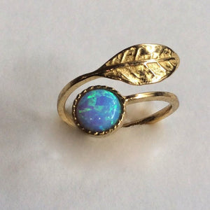 Opal ring, Thin ring, leaf ring, Golden brass ring, adjustable ring, gemstone ring, stack ring, delicate ring - Gone with the wind RK2062-1