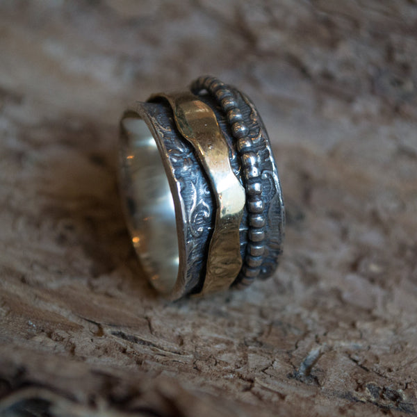 Yellow gold ring, silver wedding ring, meditation ring, wide spinner ring, anxiety ring, fidget ring, bohemian ring - Dream away R2160
