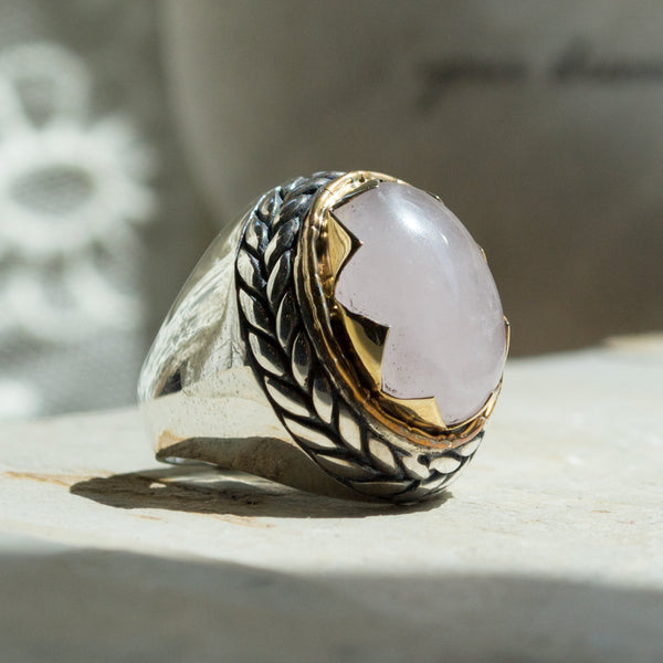 Rose quartz ring, Bohemian ring, cocktail ring, gypsy ring, silver gold ring, gemstone ring, large stone ring, oval ring - So in love R2205