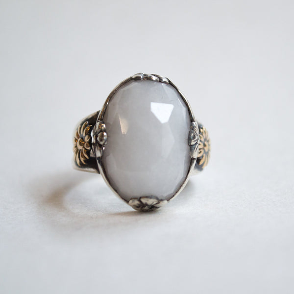 Silver gold ring, oval ring, White stone ring,  Gypsy ring, cocktail ring, boho ring, floral ring, agate ring, bohemian - Four leaves R2268