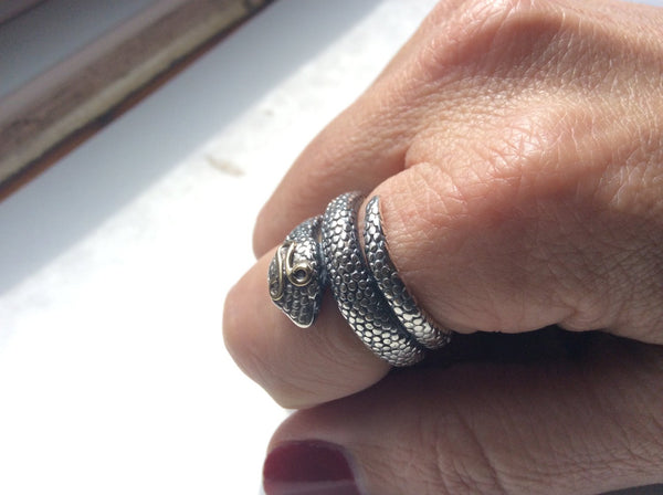 Snake Ring, gypsy ring, coiled snake ring, gold silver band, hippie ring, two tone snake ring, boho ring, gypsy ring - Tempter 2 - R2240
