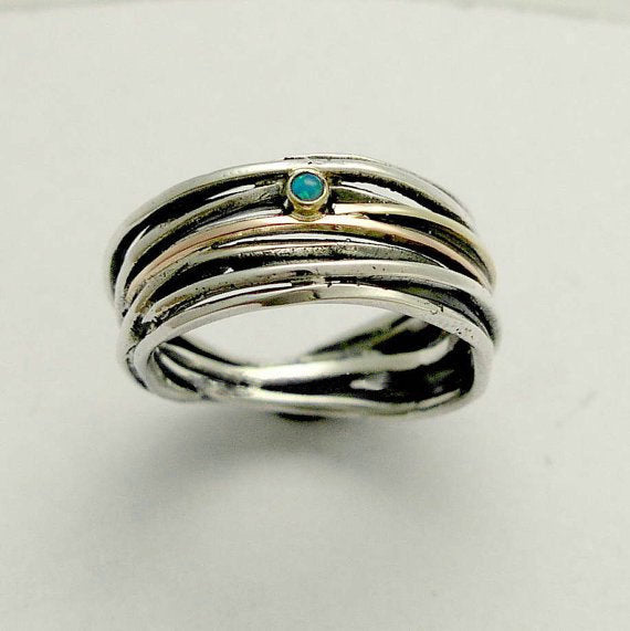 Opal ring, birthstone ring, Wire wrapped ring, twotone ring, silver gold ring, boho ring, hippie ring, gypsy ring - Good times R1512GX