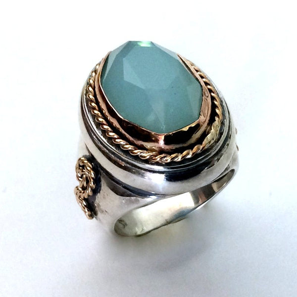 Silver gold ring, green jade ring, two tone ring, gypsy ring, boho ring, statement ring, bohemian ring, hippie ring - Out of reach R2178