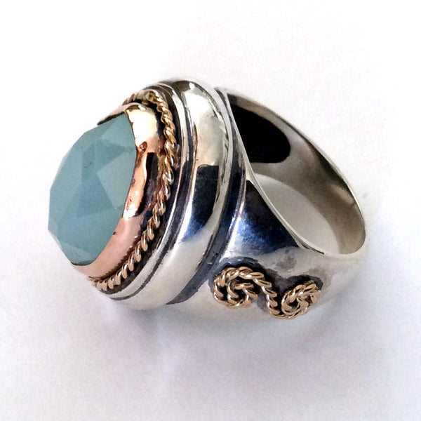 Silver gold ring, green jade ring, two tone ring, gypsy ring, boho ring, statement ring, bohemian ring, hippie ring - Out of reach R2178