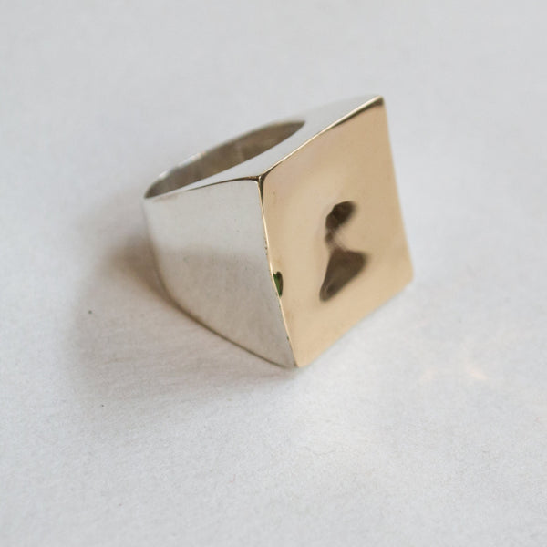 Square ring, Twotone Ring, Statement Ring, silver gold Ring, Bohemian Ring, Chunky Ring, modern jewelry, Large ring - Geometric - R2263G