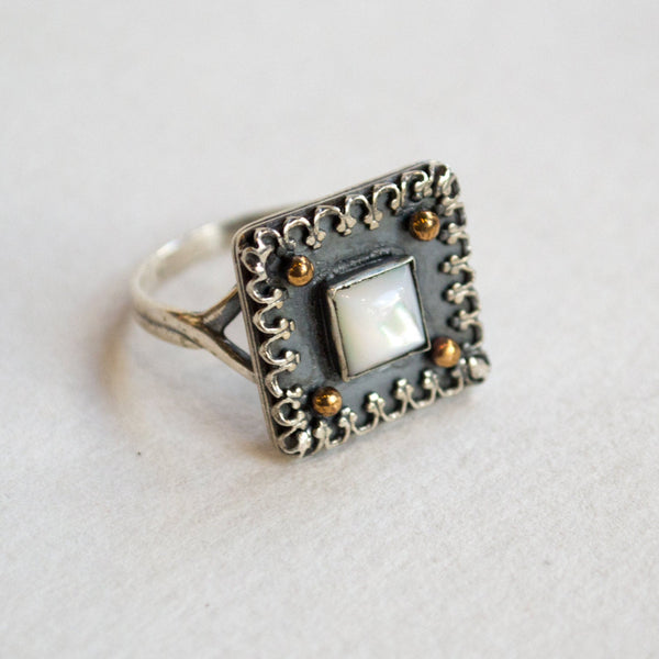 square ring, twotone ring, shell ring,Bohemian ring, Silver gold ring, cocktail ring, gemstone ring, statement ring - Deep emotions R2256