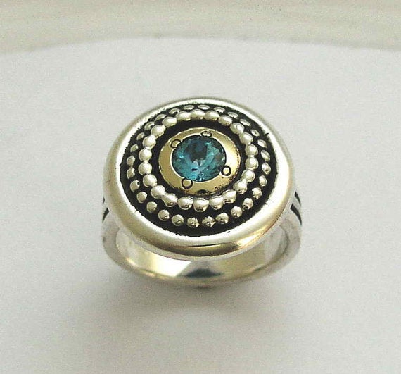 Sterling Silver gold blue topaz ring - Deep R0919X