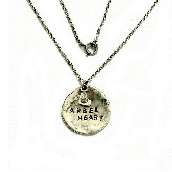 Personalized Necklace, hand stamped necklace, sterling silver pendant, promise necklace with a heart  charm - VALENTINES - Angel heart N4484