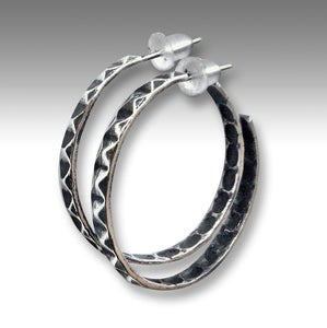 Punk sterling silver hoops, Rustic hoop earrings - You and I - E8014
