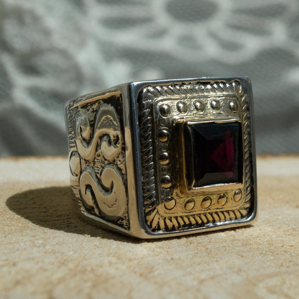 Red garnet ring, square ring, gemstone ring, Gypsy ring, statement ring, silver gold ring, twotone ring, unique ring - Red Russia R1600X