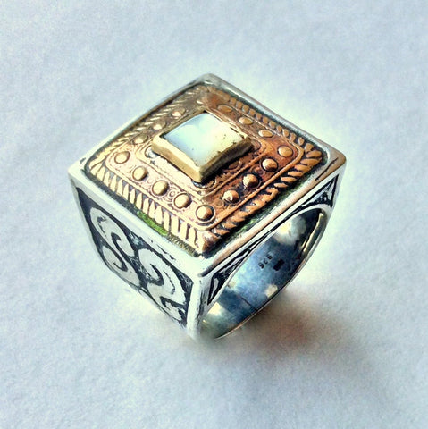 Square ring, Tibetan ring, shell ring, bohemian jewelry, Gypsy ring, Silver Gold Ring, cocktail ring, statement ring - White Russia R1600X