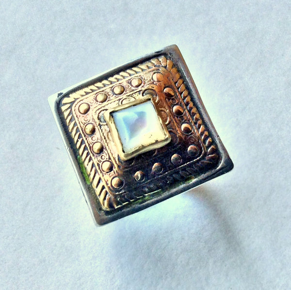 Square ring, Tibetan ring, shell ring, bohemian jewelry, Gypsy ring, Silver Gold Ring, cocktail ring, statement ring - White Russia R1600X