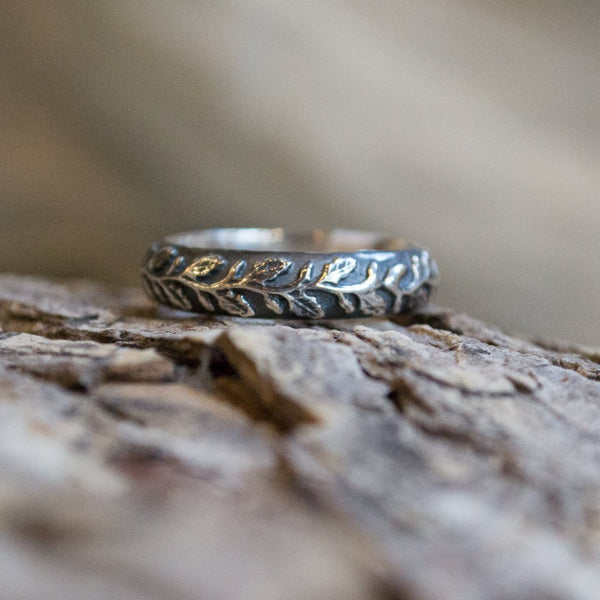 Sterling silver vine ring, textured ring, Mens and Womens ring, unisex band, botanical band, wedding band, leaves ring - Waves of love R2152