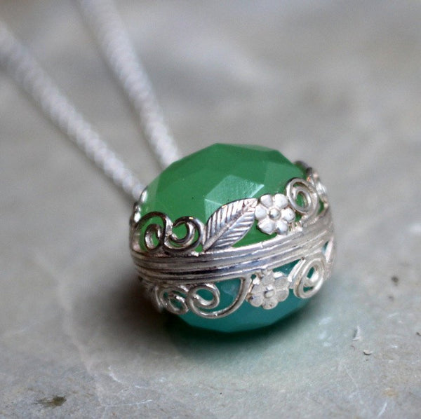 London topaz Necklace, peridot pendant, silver necklace, birthstones pendant, two sides pendant, floral energy ball - Neverland N2000-2