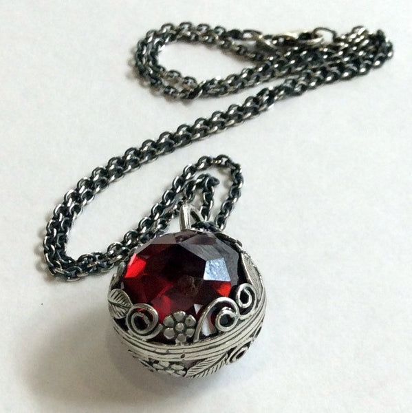 Labradorite garnet pendant, Golden brass necklace, birthstones pendant, two sides pendant, floral energy ball, boho - Neverland NK2000-3