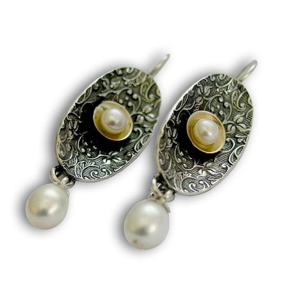 Fresh water pearl earrings, gypsy earrings, Drop earrings, dangle earrings, filigree, sterling silver earrings, boho - Confession E8043