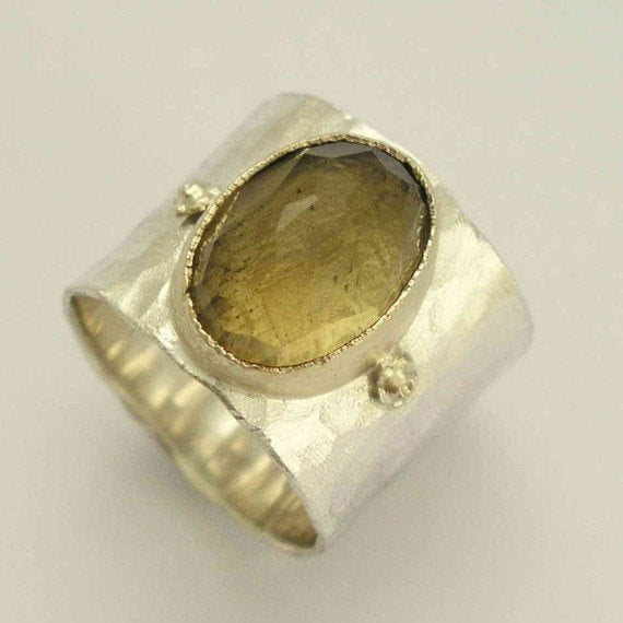 smoky quartz wide gemstone silver gold ring