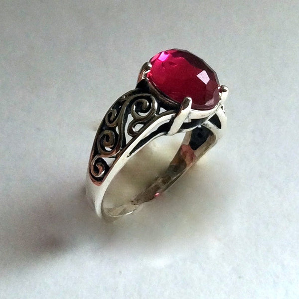 Pink fuchsia quartz ring, ornate cocktail sterling silver ring - A Celebration R2219