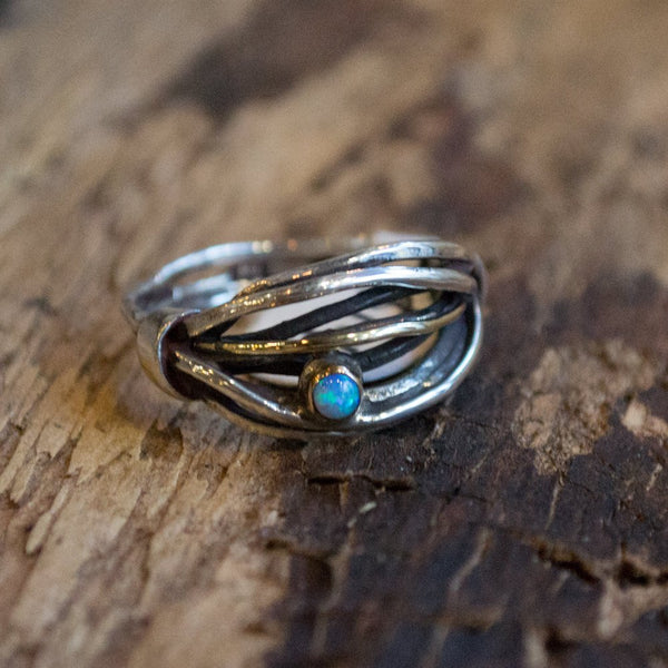 Opal ring, Wire wrap ring, Sterling silver ring, flower ring, stone ring, wrapped silver band, boho ring, gemstone - blue field 2 R1516