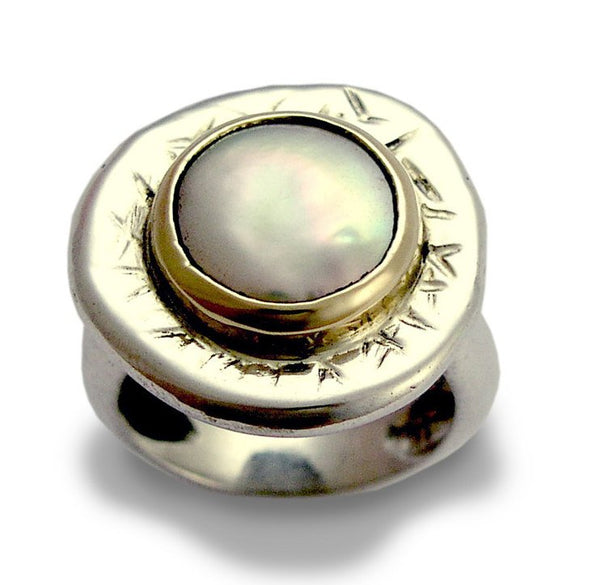 Cocktail ring, stone ring, Silver gold ring, engagement ring, coin pearl ring, statement ring, single pearl ring - Ice queen R1084FC