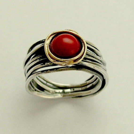 Sterling Silver Ring, Silver Yellow Gold Ring, Coral Gemstone Ring, Oxidized Ring, Silver Gold Stone Ring - Imagine life in peace R1512BG
