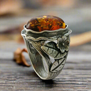 Amber floral leaves woodland silver ring 