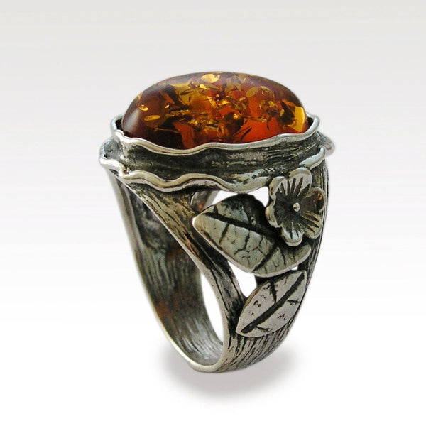 Amber floral leaves woodland silver ring 