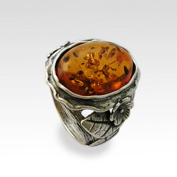 Amber cocktail botanical silver ring R1771-1