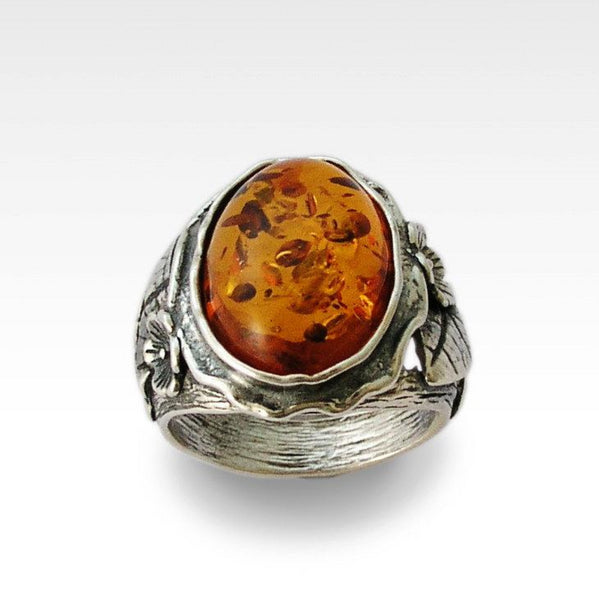 nature botanical sterling silver amber ring 