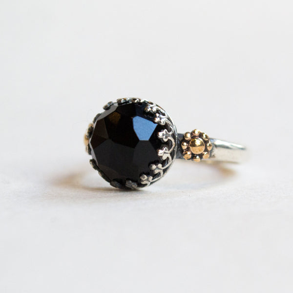 Onyx Ring, stone ring, silver gold ring, boho ring, black onyx ring, gypsy ring, princess ring, crown ring, flower - Lost in legend R2258