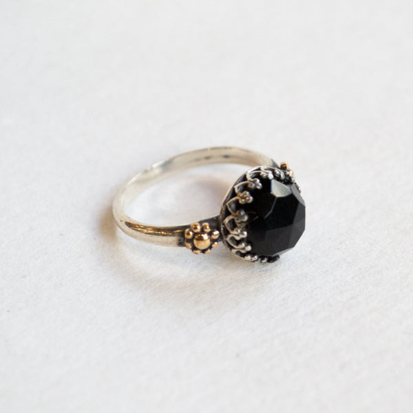 Onyx Ring, stone ring, silver gold ring, boho ring, black onyx ring, gypsy ring, princess ring, crown ring, flower - Lost in legend R2258
