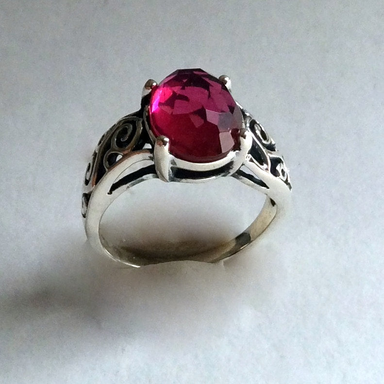 Pink fuchsia quartz ring, ornate cocktail sterling silver ring - A Celebration R2219