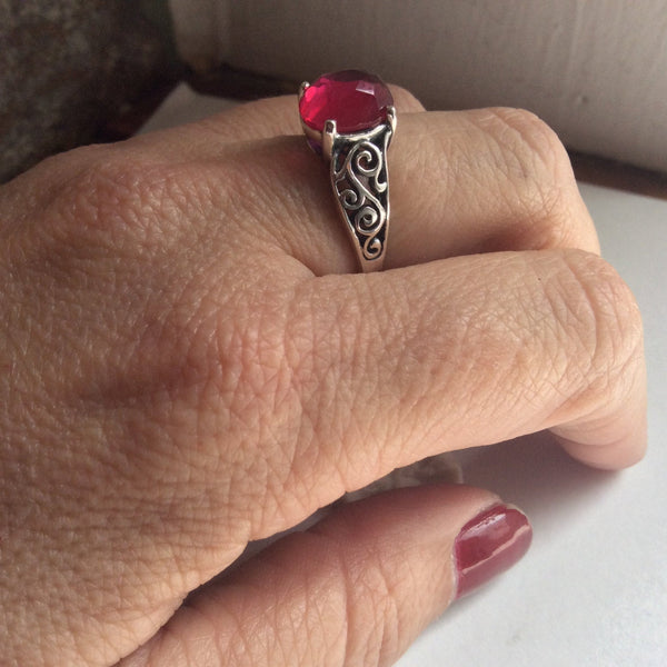 Pink fuchsia quartz ring, ornate cocktail sterling silver ring - A Celebration R2219