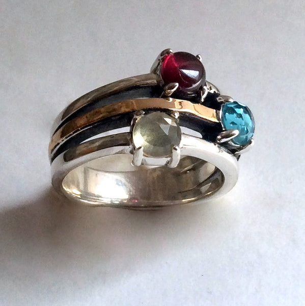 Mothers Ring, silver gold ring, birthstones ring, multi stone ring, garnet, ctrine, topaz ring, mothers gift - What makes you happy R2214