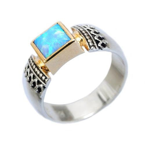 Opal ring, silver yellow gold ring, two tones ring, square ring, blue opal, October birthstone ring, filigree ring, bridal - Triumph R0184