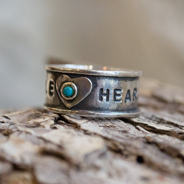 Silver personalized Ring, promise ring, valentines ring, birthstone ring, hand stamped ring, turquoise ring, names ring-  Angel heart R1572