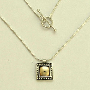 Sterling silver necklace, mixed metal necklace, Square pendant, gold pendant, oxidized silver necklace, twotone pendant -  Gold Nougat N0428