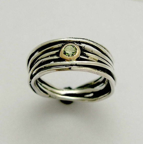 Silver gold ring, peridot ring, August birthstone ring, green gemstone ring, sterling silver ring, wrapped band - I love you so, R1512D