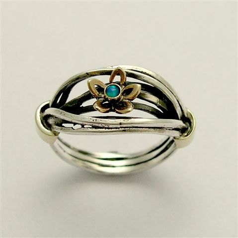 Gold Flower Ring, Sterling Silver Ring, Wrap Silver Band, unique ring for her, Silver Wire Ring, Silver Gold Opal Ring - Blue field R1516G