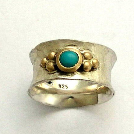 Sterling silver turquoise ring, two tones ring, Turquoise band, gemstone ring, silver gold ring, wide silver ring - always yours R1019B
