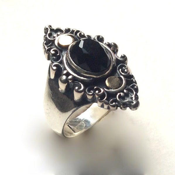 Onyx ring, boho chic jewelry, bohemian jewelry, Tibetan jewelry, unique ring for her, stone ring, Gypsy Ring, twotone ring - Black sky R2245