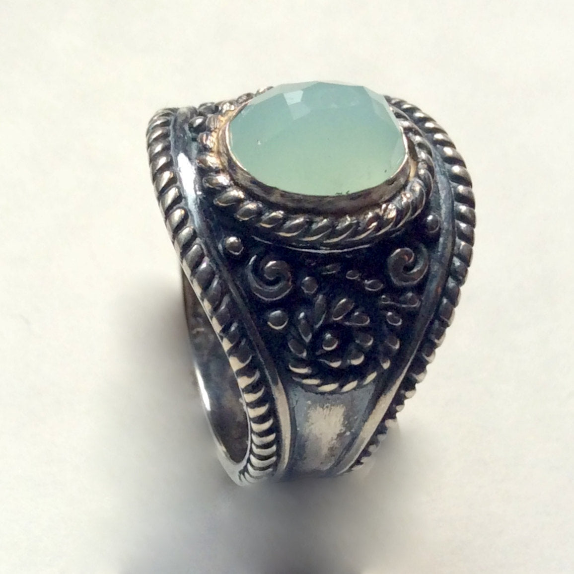 Green jade Ring, silver ring, gemstone ring, bohemian ring, Tibetan ring, gypsy ring, ornate ring, wide band, boho - The Real Thing R2243XX